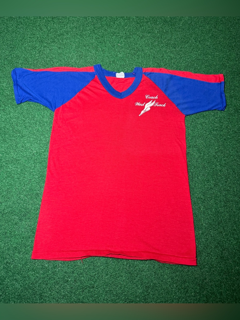 West Track & Field Vintage T Shirt 60s 70s Raglan Short Sleeve Retro V Neck